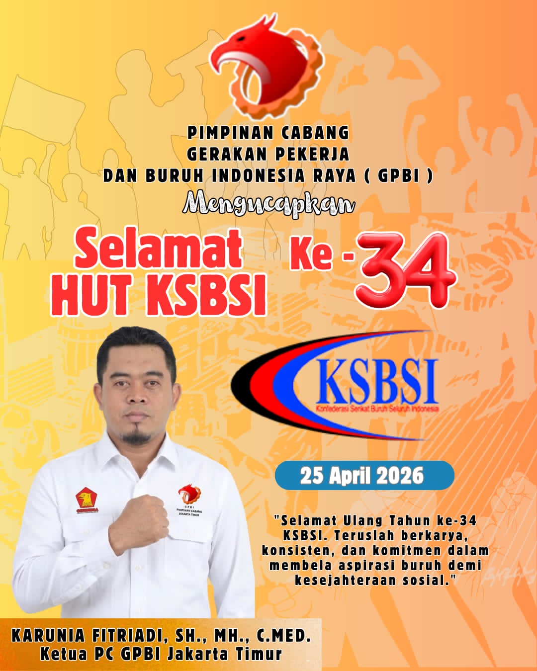 Momentum 34 Tahun KSBSI, GPBI Jakarta Timur Serukan Solidaritas dan Kesejahteraan Buruh
