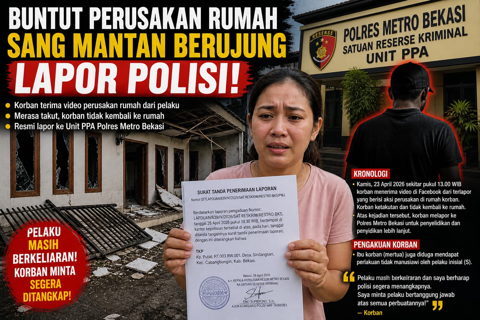 Rumah Dirusak Mantan, Kini Resmi Lapor Polisi: Pelaku Masih Bebas, Korban Minta Segera Ditangkap