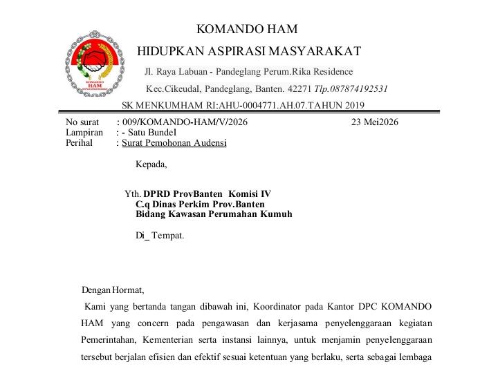 LSM Komando HAM Desak DPRD Banten Audit Proyek Perkim Pagelaran Senilai Rp4,05 Miliar