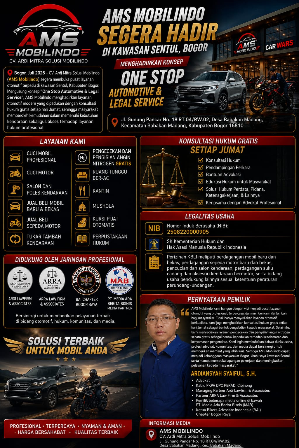 AMS Mobilindo Segera Hadir di Sentul, Usung Konsep One Stop Automotive & Legal Service dengan Konsultasi Hukum Gratis