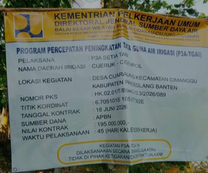 Diduga Abaikan Spesifikasi Teknis dan K3, Proyek P3-TGAI Rp195 Juta di Desa Cijaralang Disorot GOW-Banten, BBWS Diminta Turun Tangan