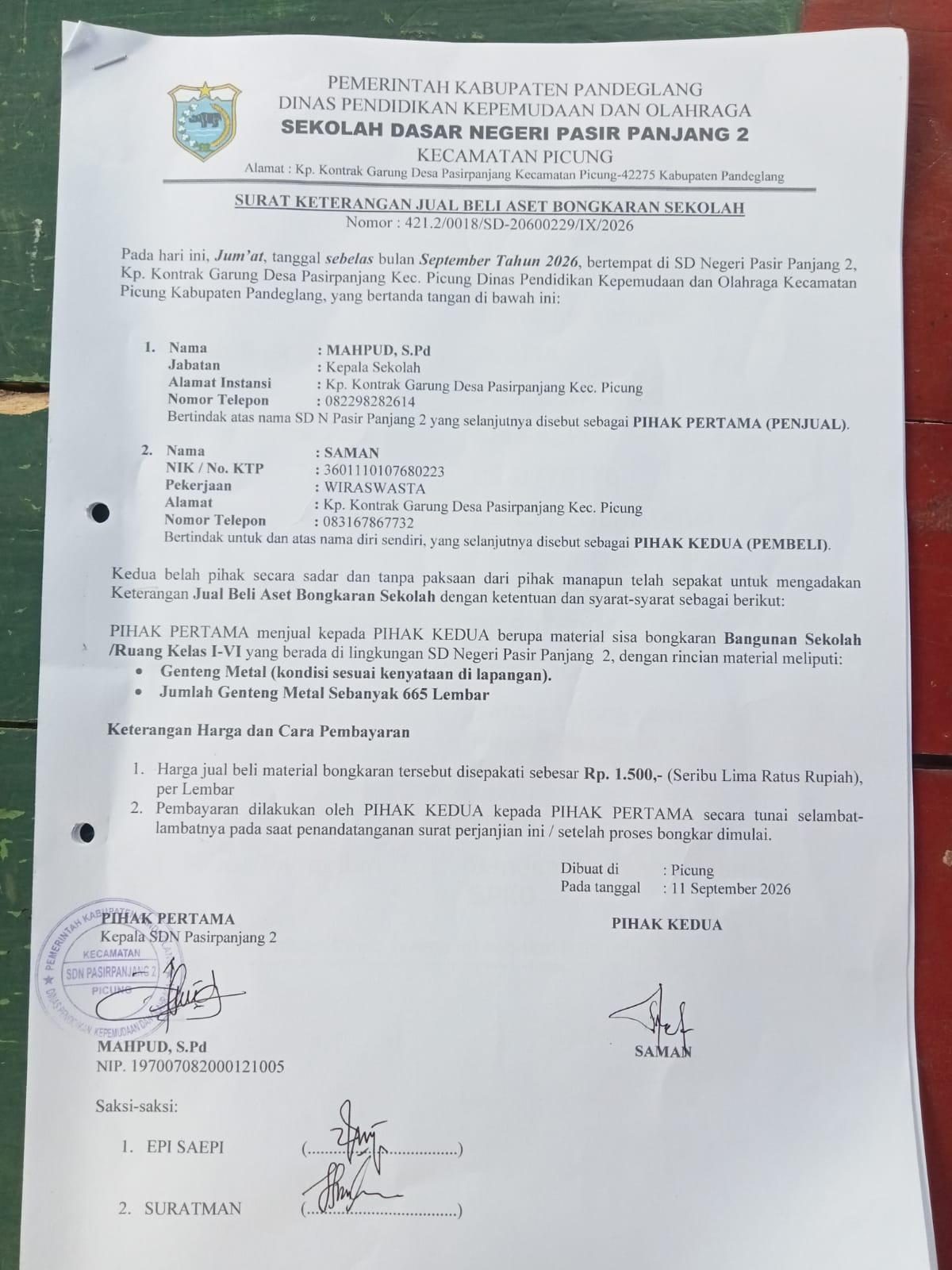 Genteng Sudah Terjual, Surat Dinas Dipertanyakan! GOW-BANTEN Desak BPK, Inspektorat dan KPK Periksa Aset serta BOS SDN Pasirpanjang 2